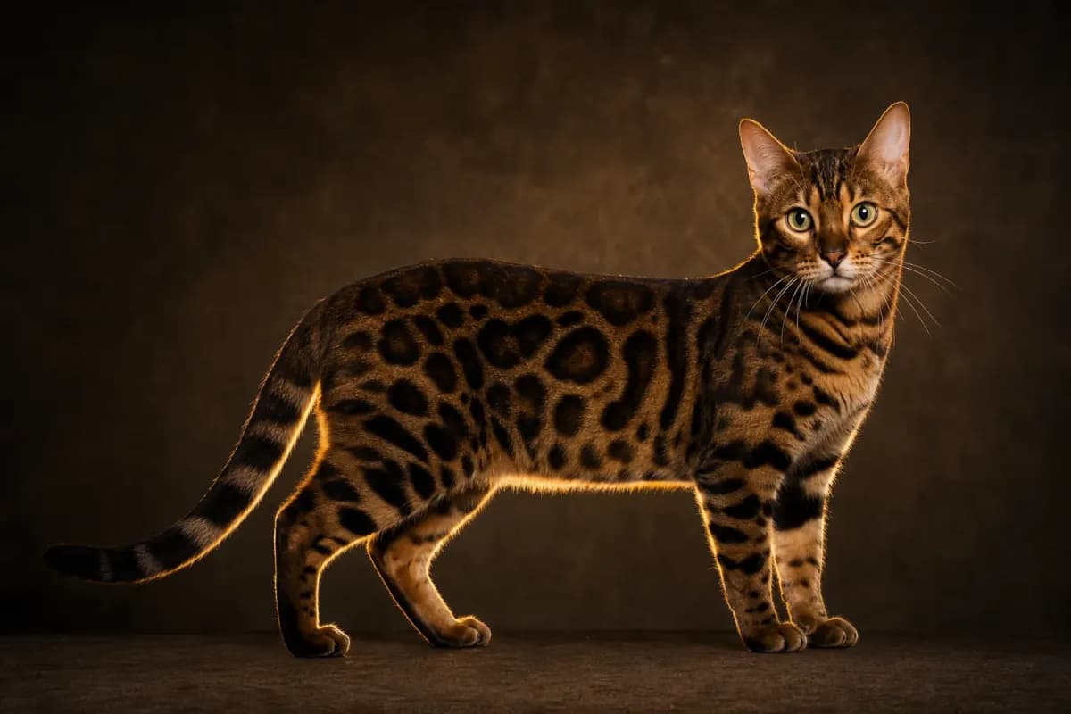 Full-body Bengal cat displaying athletic frame and rosette patterning