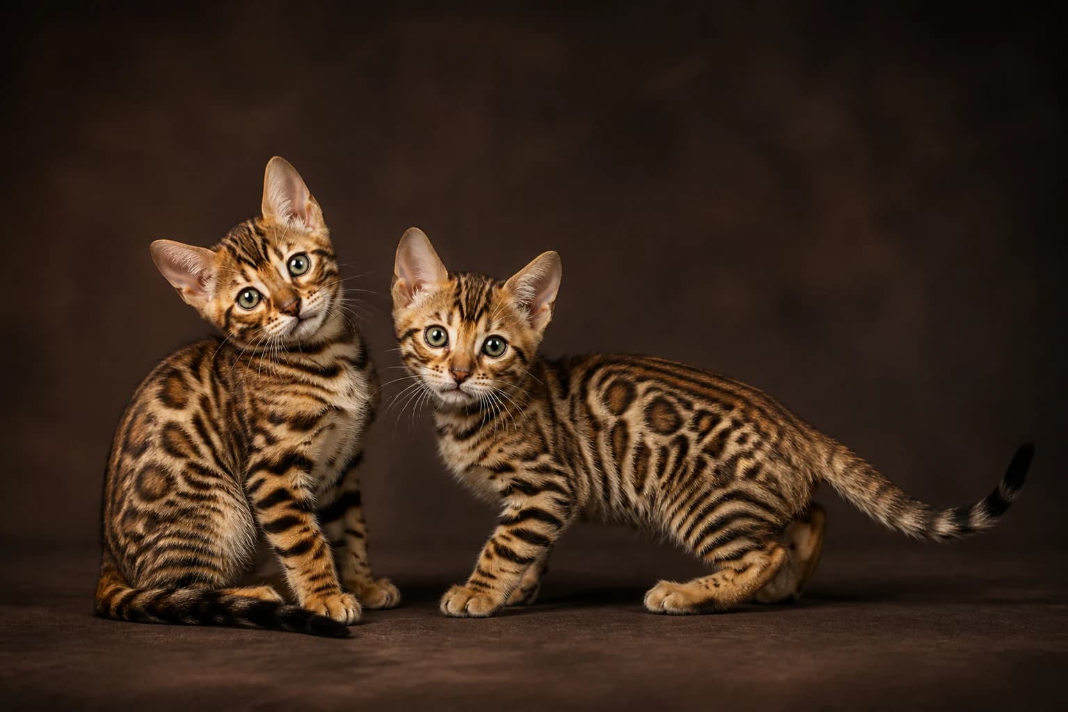 Two Bengal kittens in a premium studio portrait — athletic young forms and signature rosettes