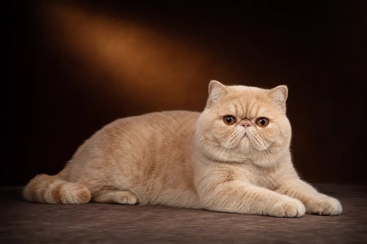 Exotic Shorthair cat in a low seated pose showing cobby body type
