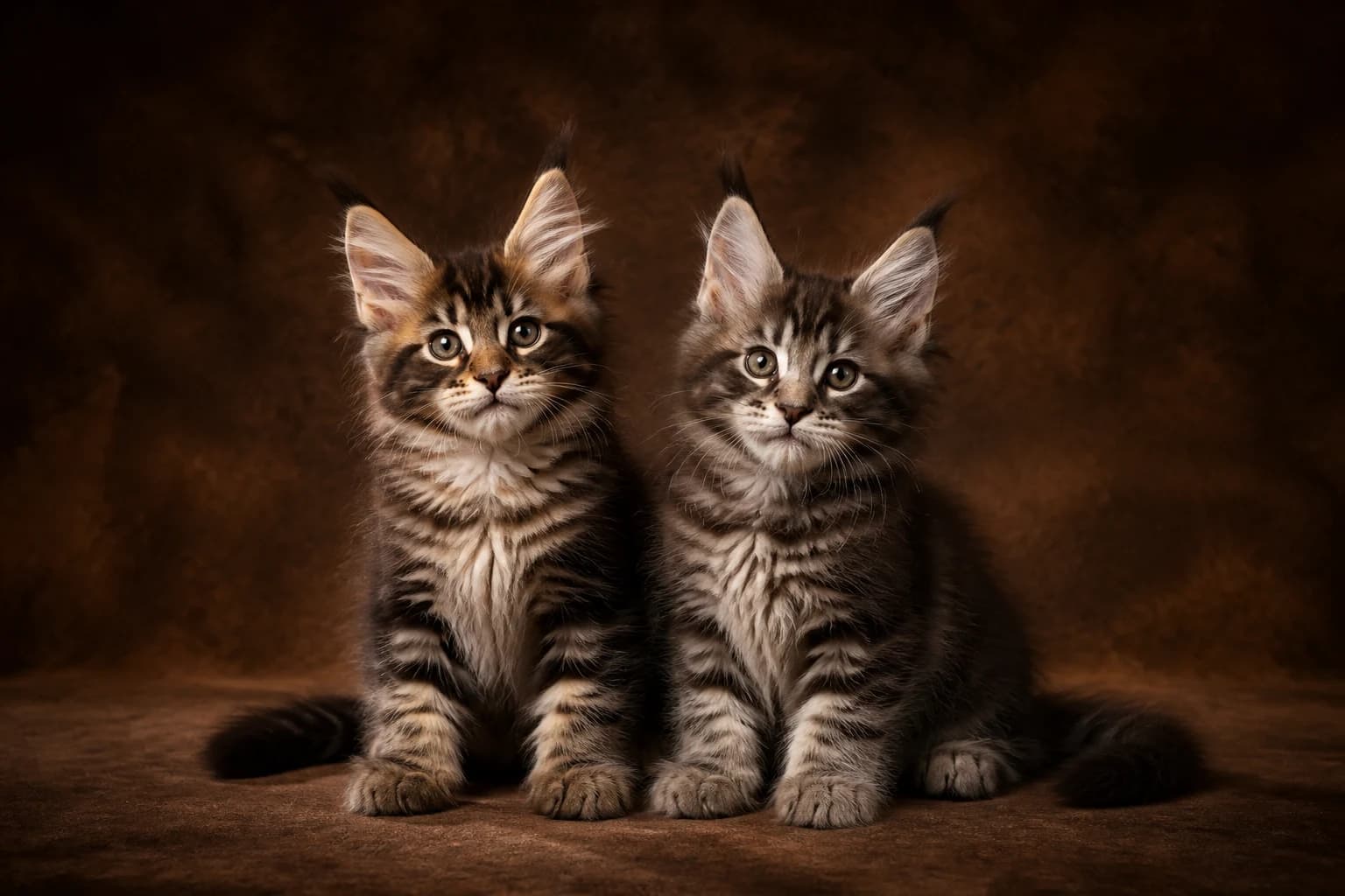 Two Maine Coon kittens in a premium studio portrait — tufted ears, developing ruffs and gentle expressions