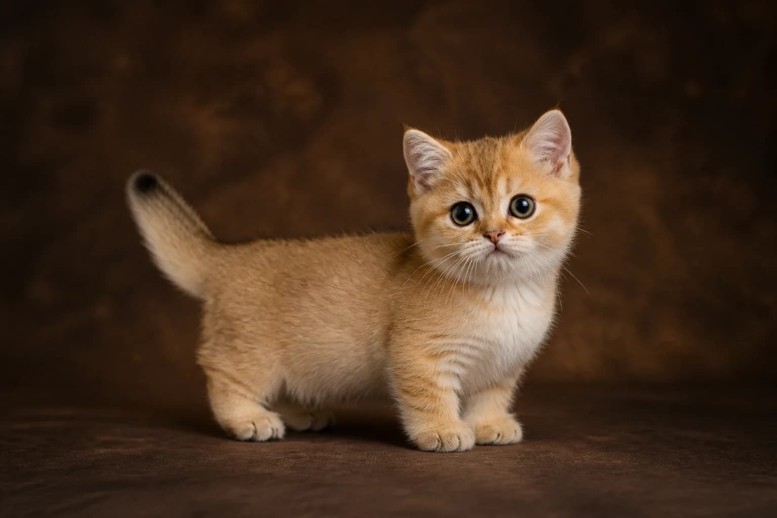 Munchkin kitten in a premium studio portrait — compact young form and naturally short legs