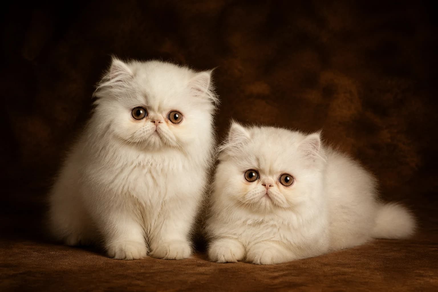 Two Persian kittens in a premium studio portrait — round faces, copper eyes and soft flowing coats