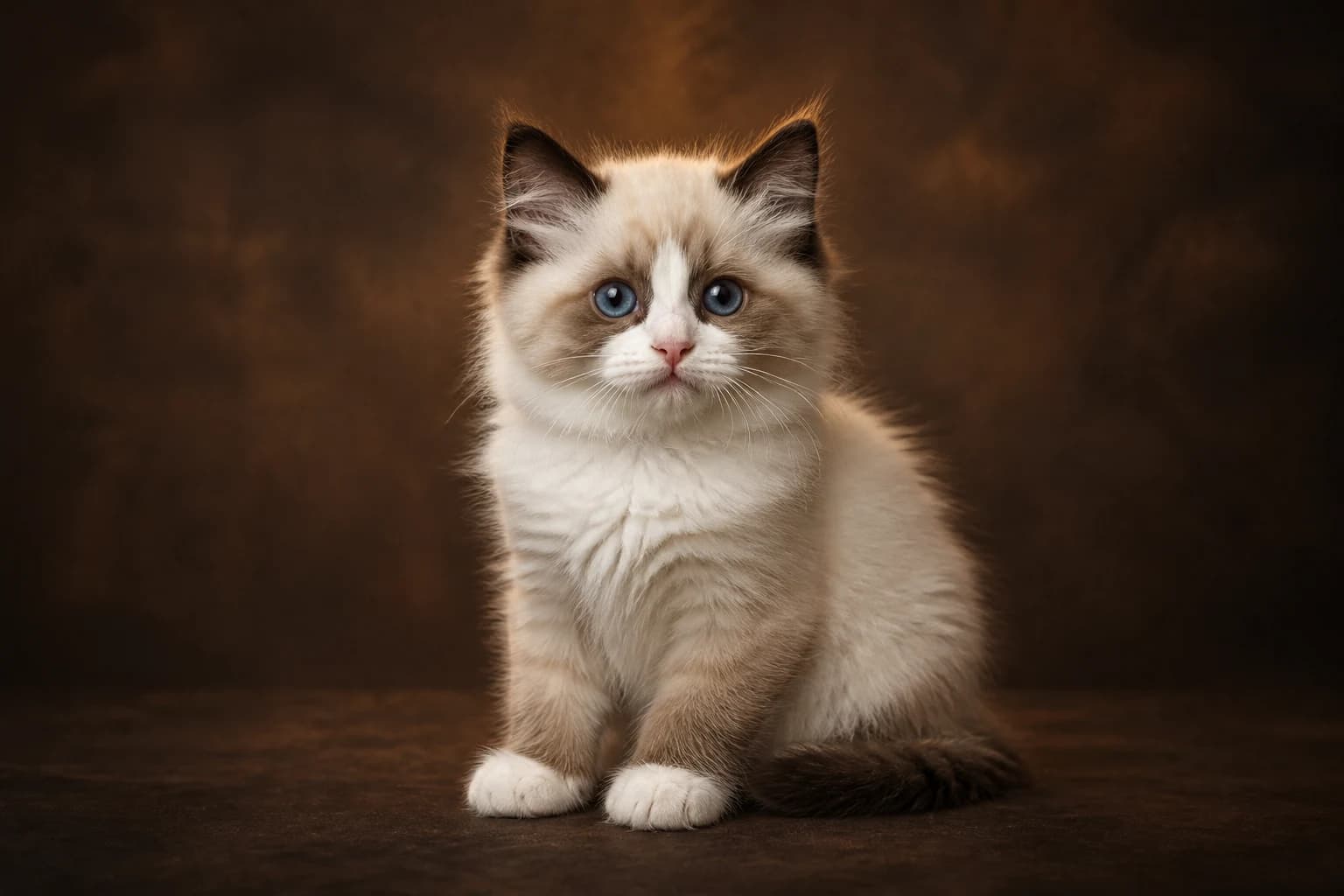 Ragdoll kitten in a premium studio portrait — blue eyes, soft colour points and gentle expression