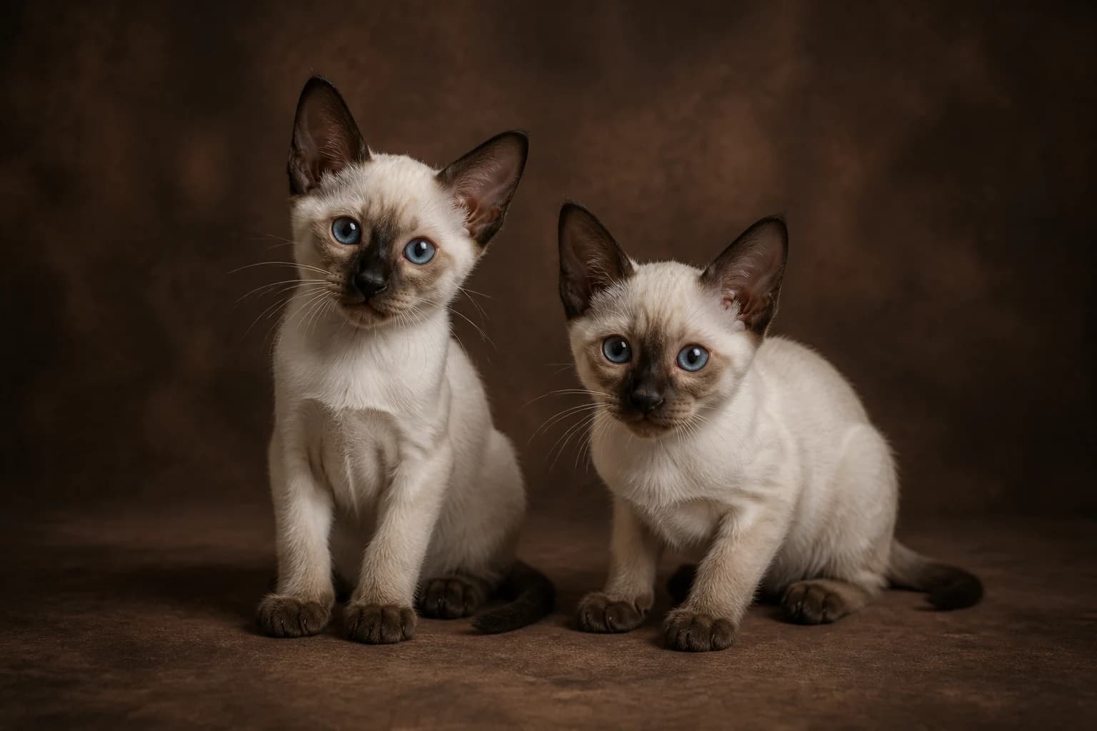 Two Siamese kittens in a premium studio portrait — blue eyes, slender young forms and developing seal points