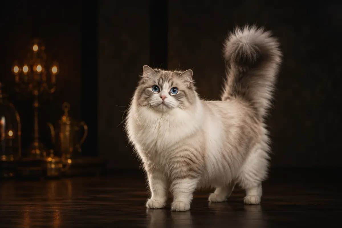 Walking Siberian cat with substantial coat and full body visible