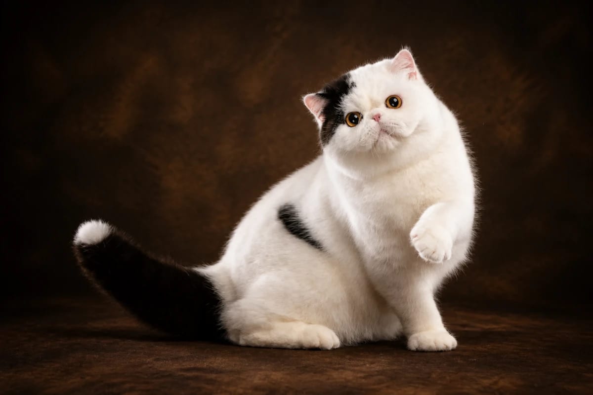 Exotic Shorthair cat in a premium portrait — flat round face, dense plush coat and calm expression