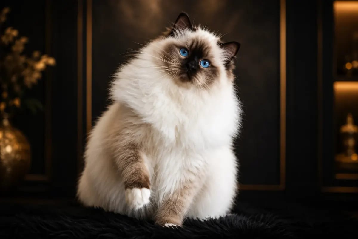 Himalayan cat in a premium portrait — colour-point coat, brilliant blue eyes and composed expression