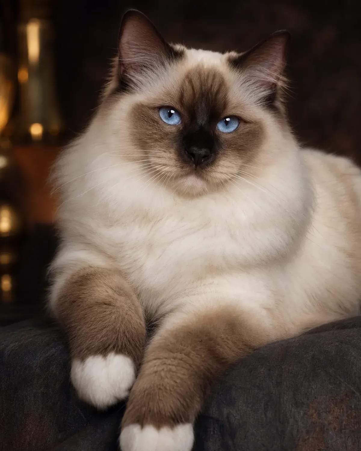 Ragdoll cat in a premium portrait — silky pointed coat, blue eyes and relaxed pose