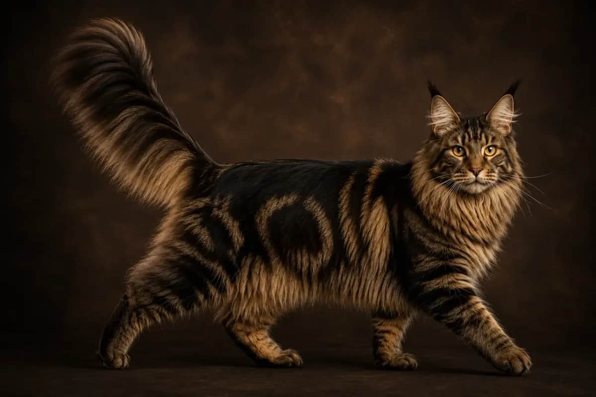 Full-body Maine Coon showing the breed's substantial frame and presence